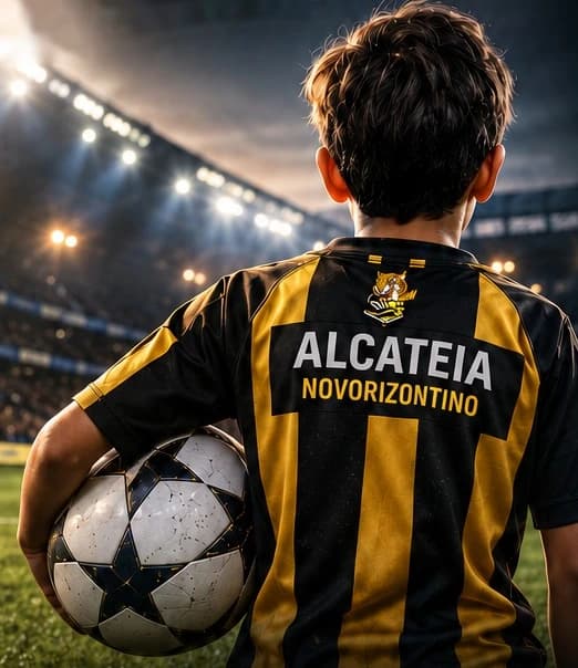 Menino de costas com a camisa da Alcateia Novorizontino segurando uma bola no estádio
